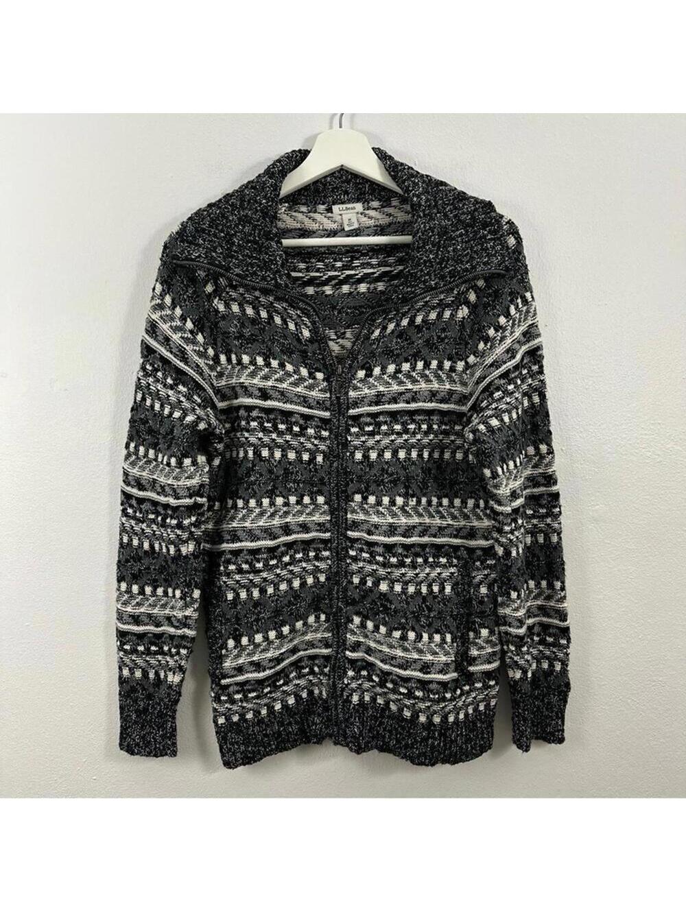 L.L Bean Women’s Nordic Stripe Pattern Full Zip Gray Jacket Size M